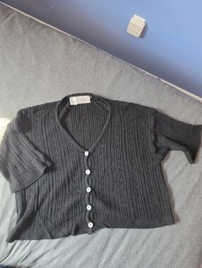 Black Pointelle Cropped Cardigan Slouchy Fit